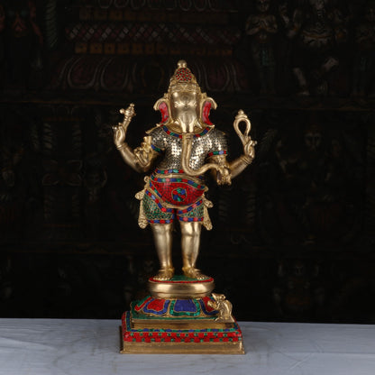 Brass Standing Ganesha Idol Stone Work For Home Decor 1.5 Feet by vendor-unknown - Hindu Gods