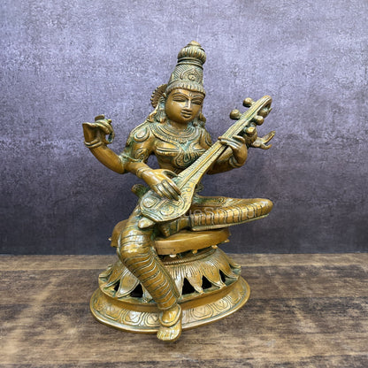 Brass Saraswati Statue Idol Copper Patina Finish For Home Decor 1 Feet by vendor-unknown - Hindu Gods (View 4)