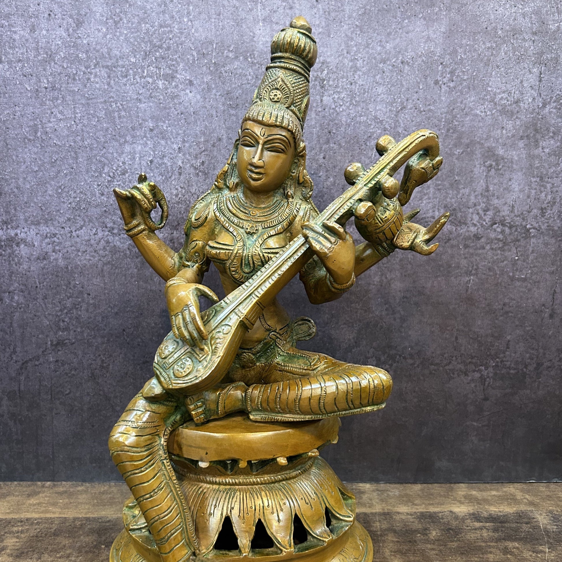 Brass Saraswati Statue Idol Copper Patina Finish For Home Decor 1 Feet - Image 2