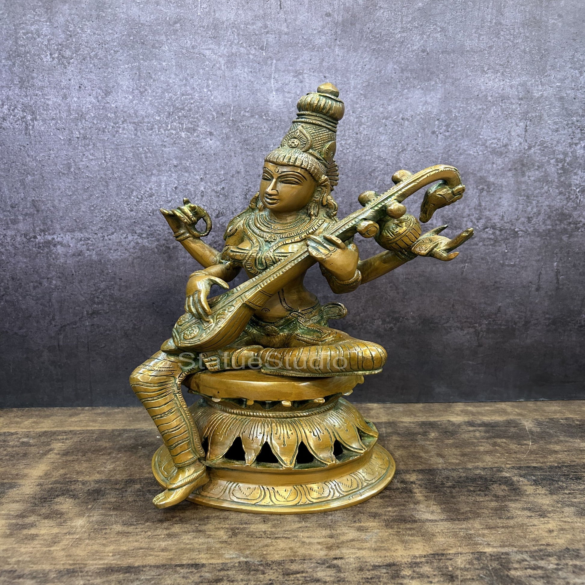 Brass Saraswati Statue Idol Copper Patina Finish For Home Decor 1 Feet - Image 5