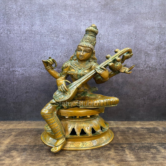 Brass Saraswati Statue Idol Copper Patina Finish For Home Decor 1 Feet