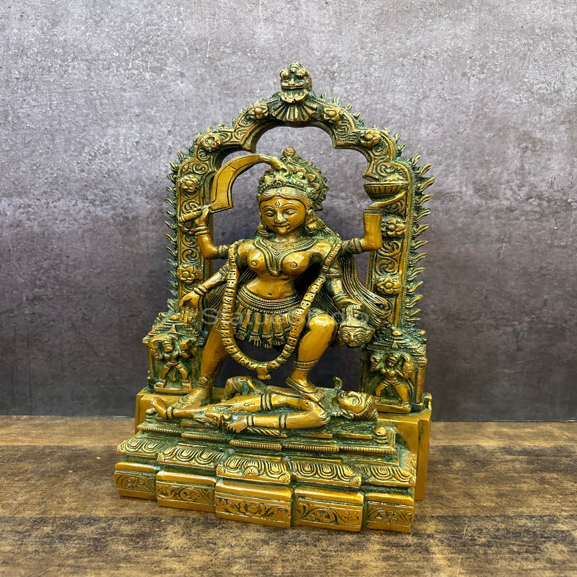 Brass Maa Kali Statue With Temple Arch Copper Patina Finish For Home Decor 11" - Image 3