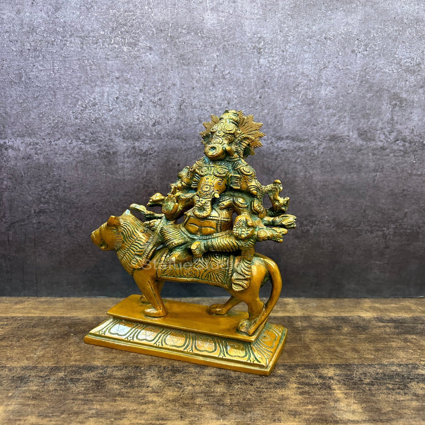 Brass Heramba Ganesha Statue Seated on Lion Copper Patina Finish 9"