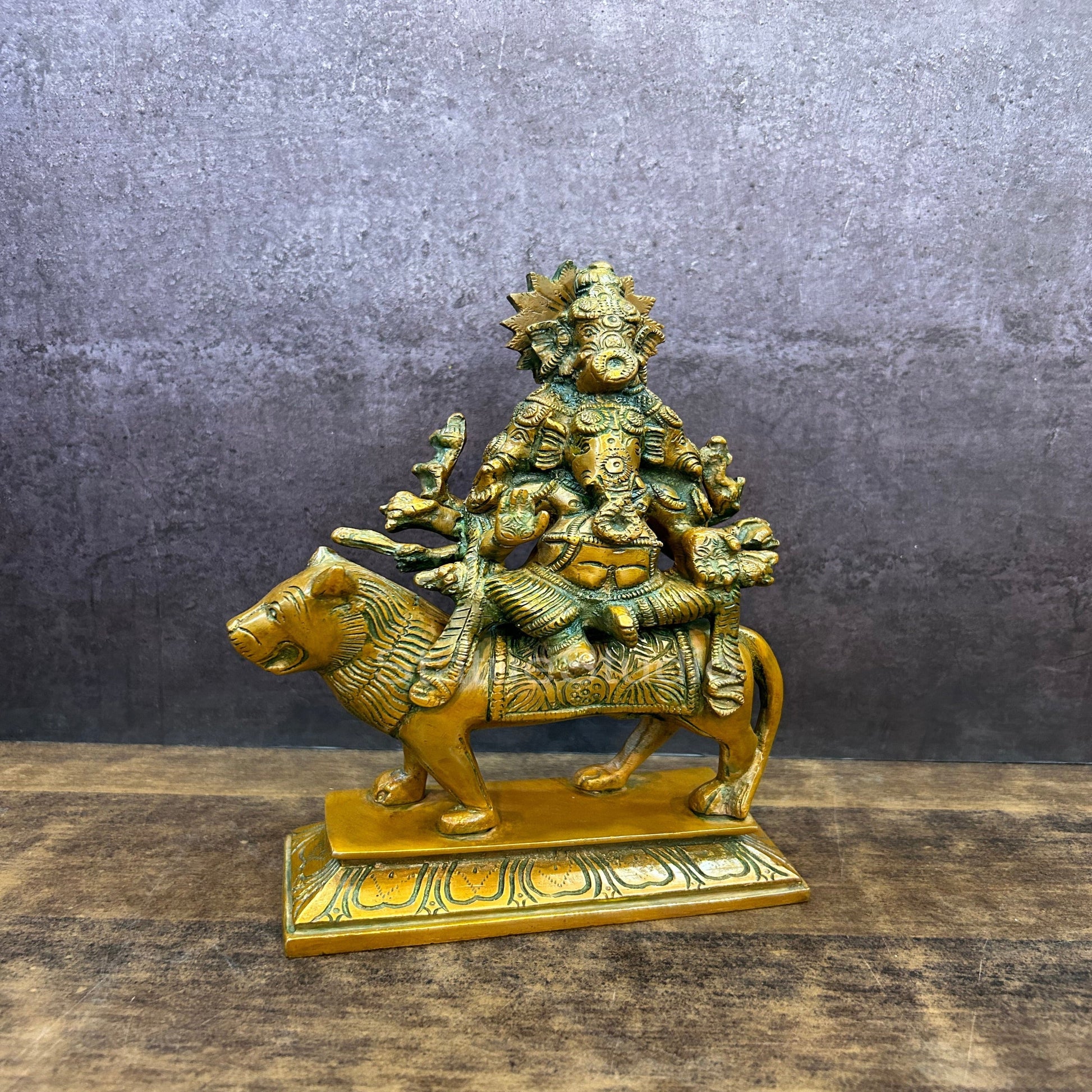 Brass Heramba Ganesha Statue Seated on Lion Copper Patina Finish 9" - Image 3