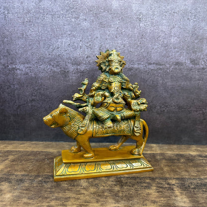 Brass Heramba Ganesha Statue Seated on Lion Copper Patina Finish 9" by vendor-unknown - Hindu Gods (View 3)