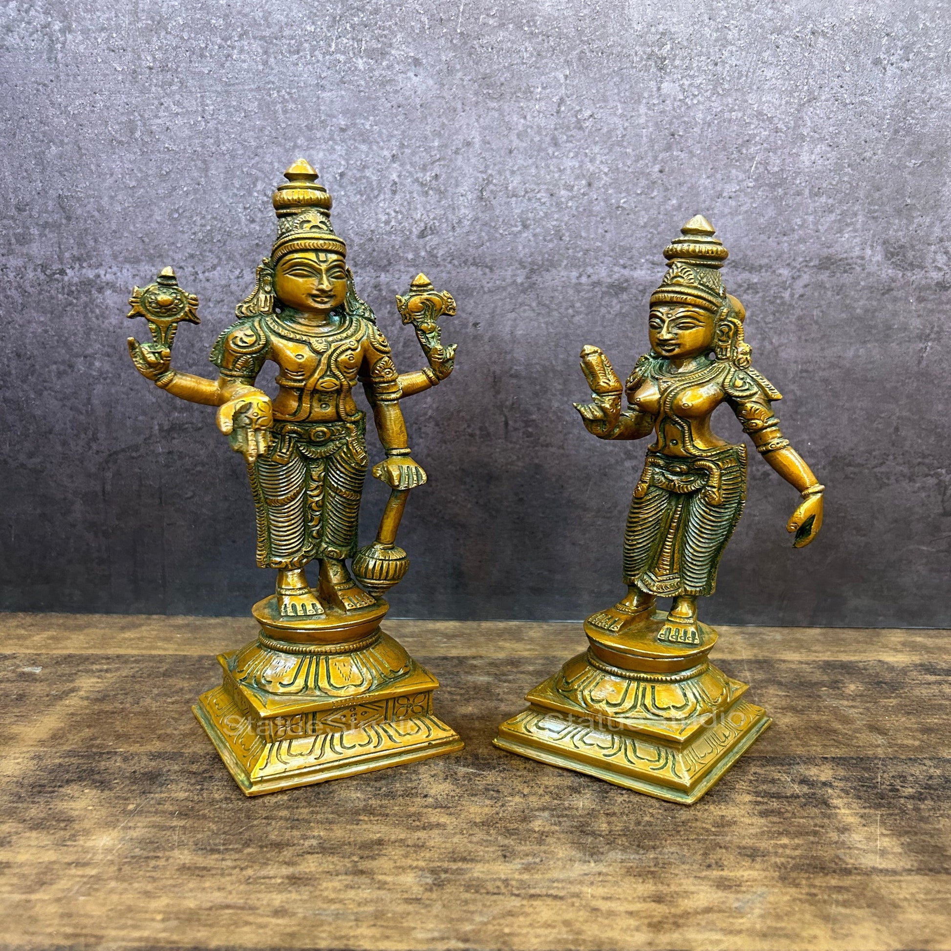Brass Vishnu Lakshmi Idol Copper Patina Finish For Home Decor 9" - Image 2