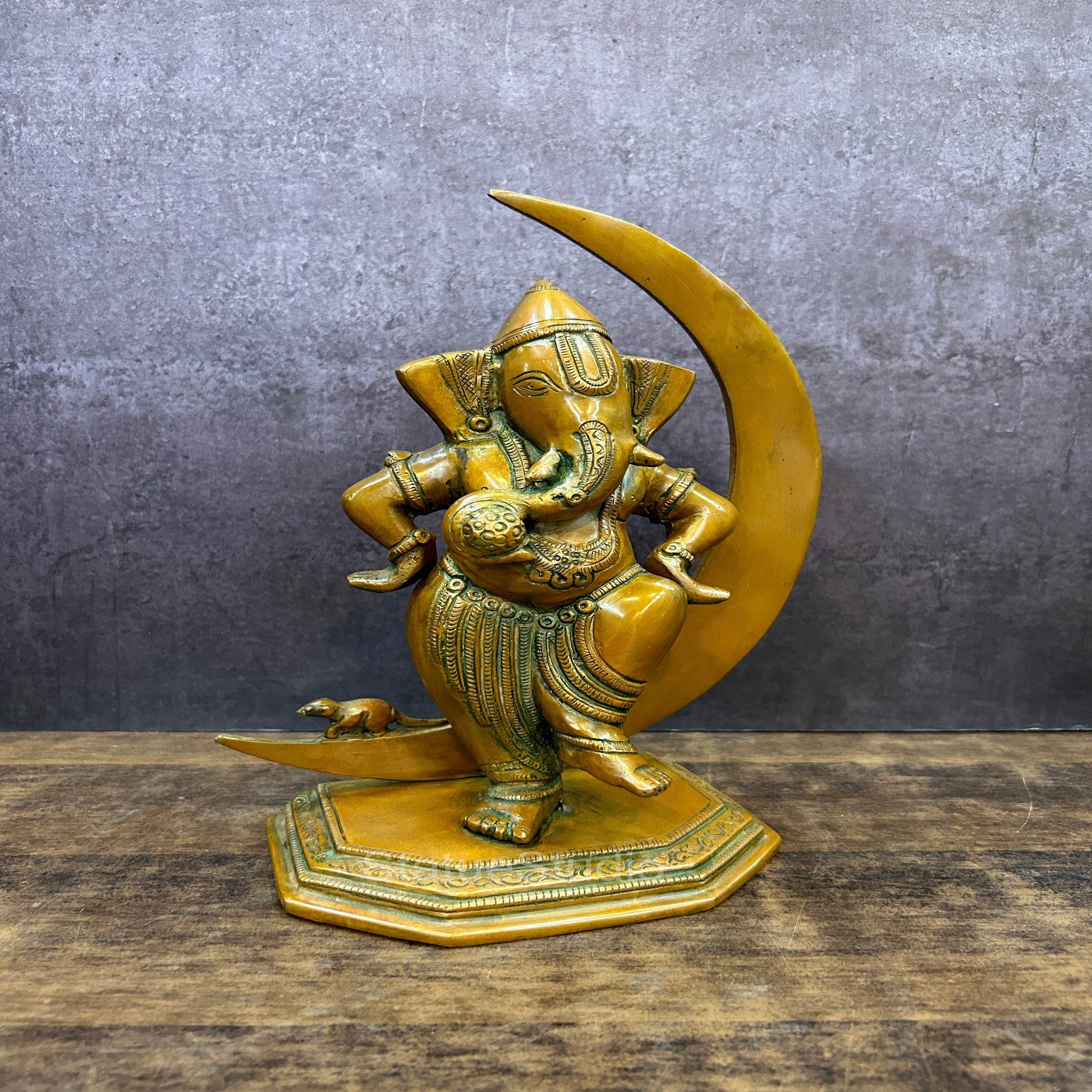 Brass Ganesha Idol Standing With Moon Copper Patina Finish 9.5" - Image 2