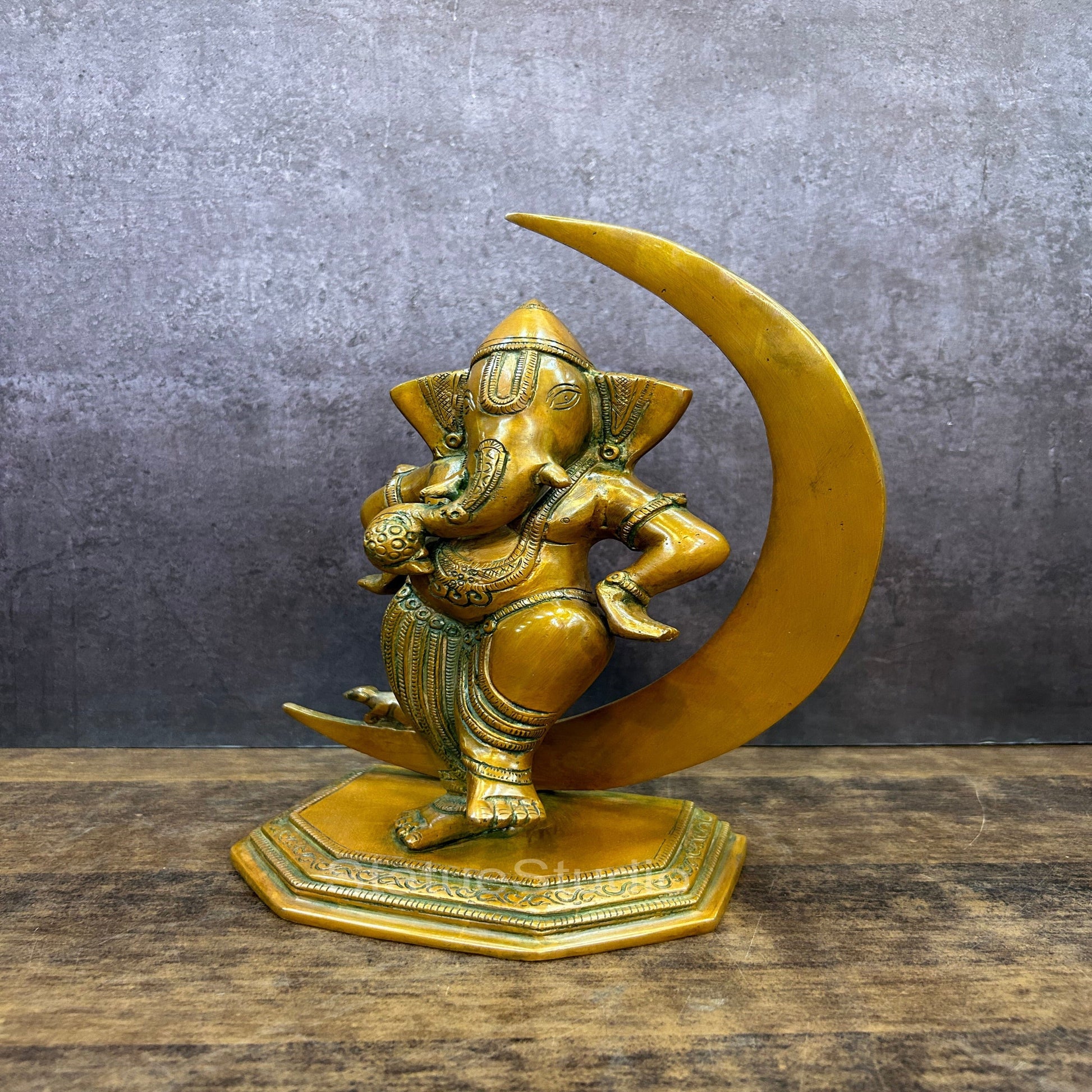 Brass Ganesha Idol Standing With Moon Copper Patina Finish 9.5" - Image 3