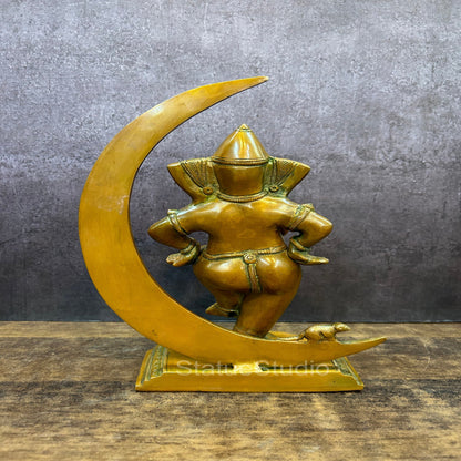 Brass Ganesha Idol Standing With Moon Copper Patina Finish 9.5" by vendor-unknown - Hindu Gods (View 4)