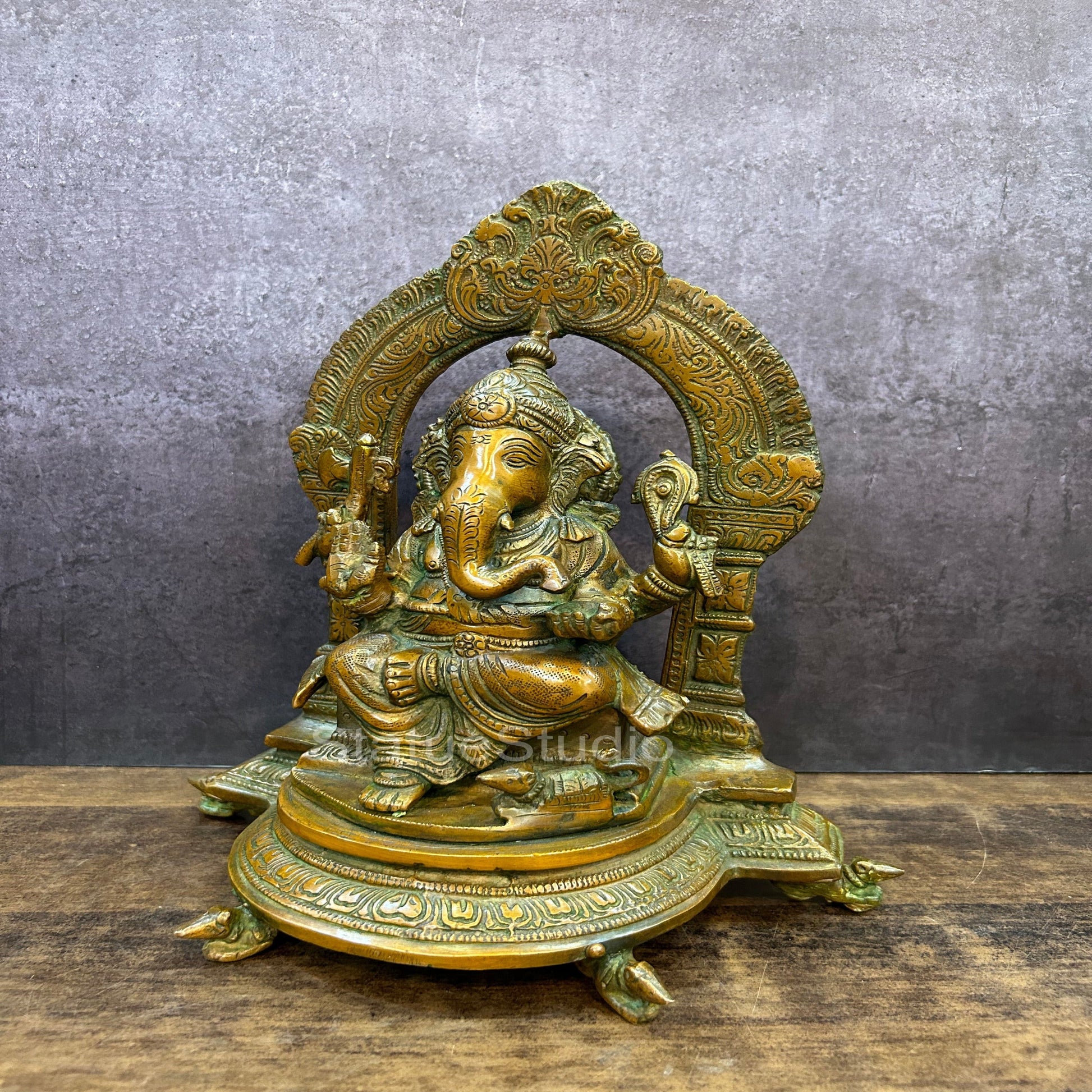 Brass Ganesha Statue With Temple Arch Copper Patina Finish 11 Inch - Image 2