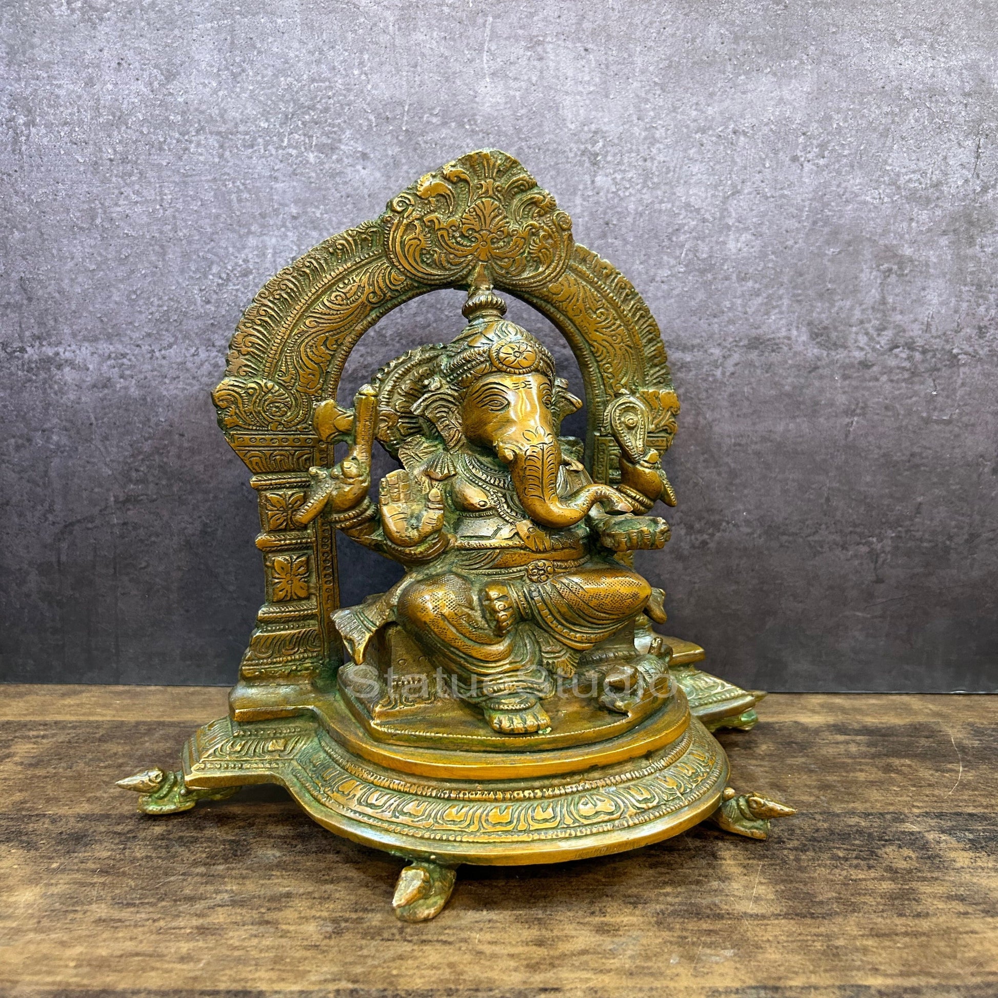 Brass Ganesha Statue With Temple Arch Copper Patina Finish 11 Inch - Image 3