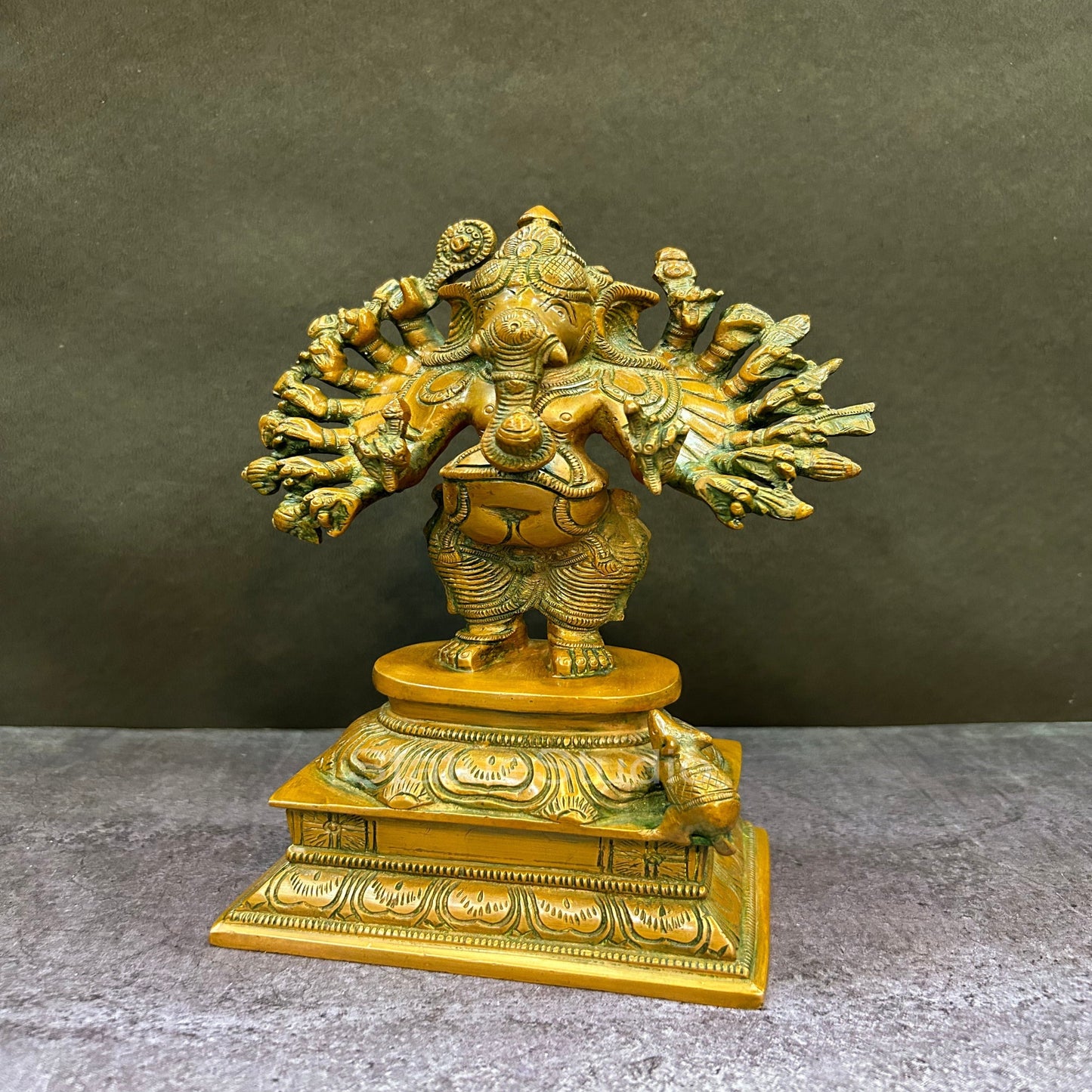 Brass Standing Ganesha Idol With 16 Arms Copper Patina Finish 9"