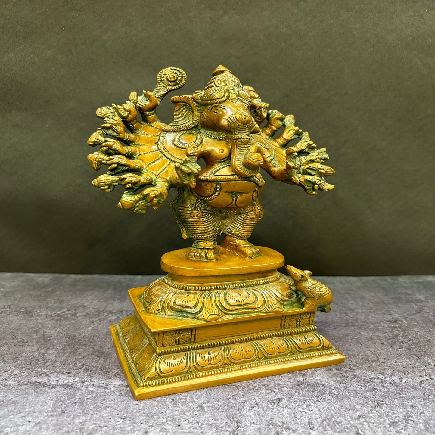 Brass Standing Ganesha Idol With 16 Arms Copper Patina Finish 9"