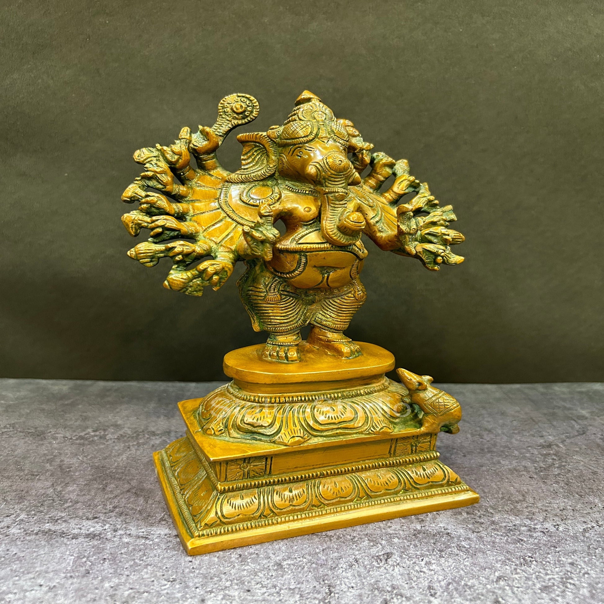 Brass Standing Ganesha Idol With 16 Arms Copper Patina Finish 9" - Image 5