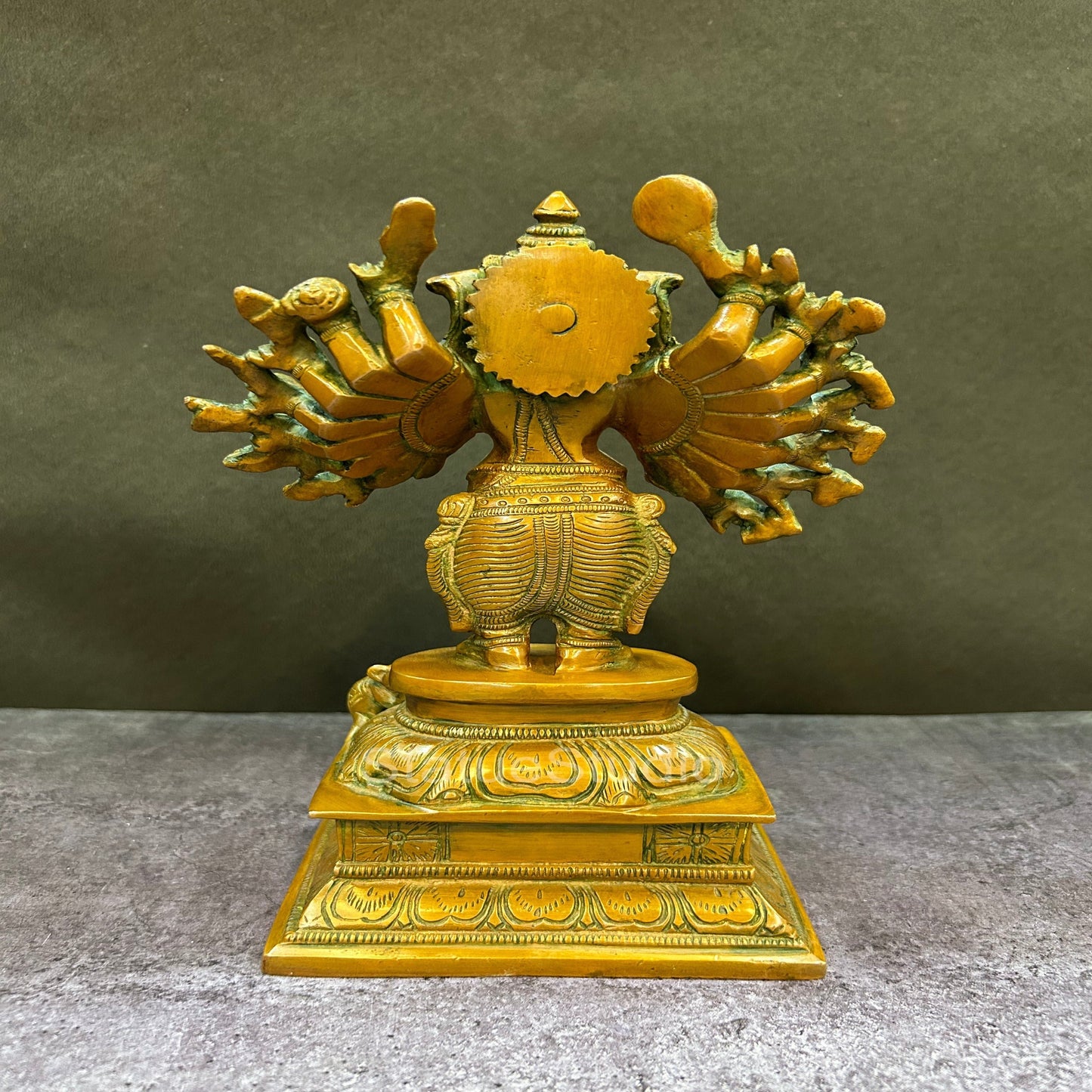 Brass Standing Ganesha Idol With 16 Arms Copper Patina Finish 9"