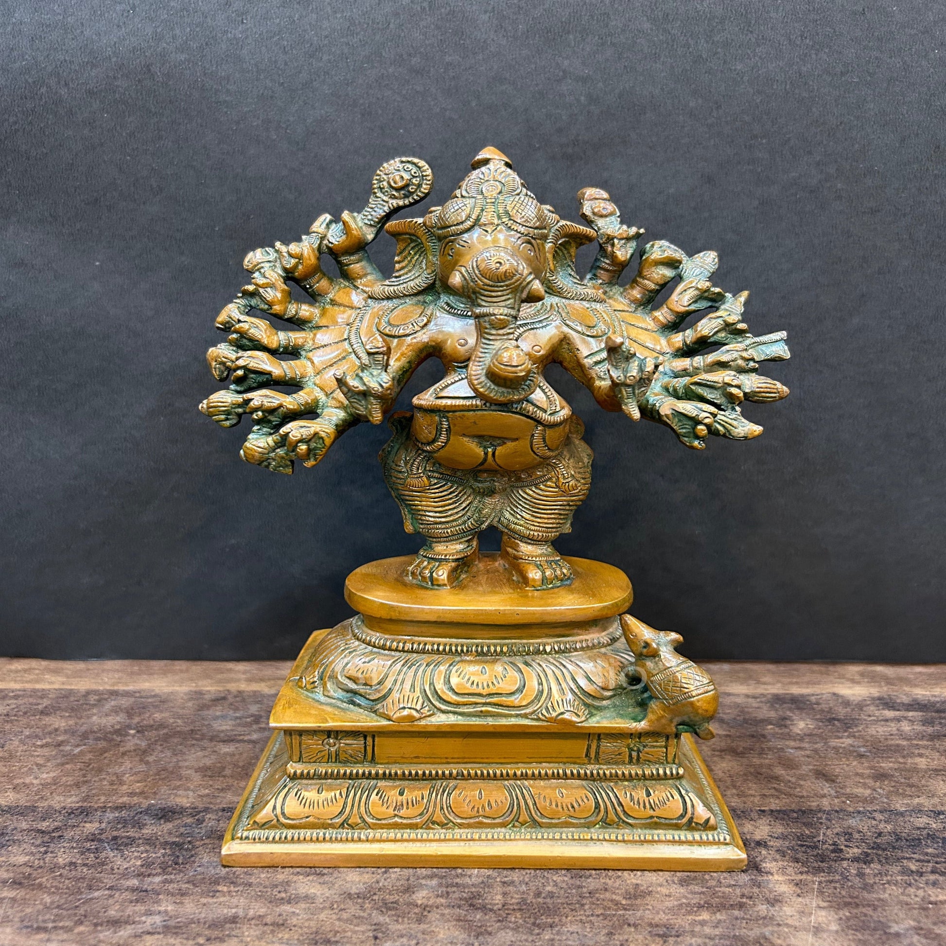 Brass Standing Ganesha Idol With 16 Arms Copper Patina Finish 9" - Image 3