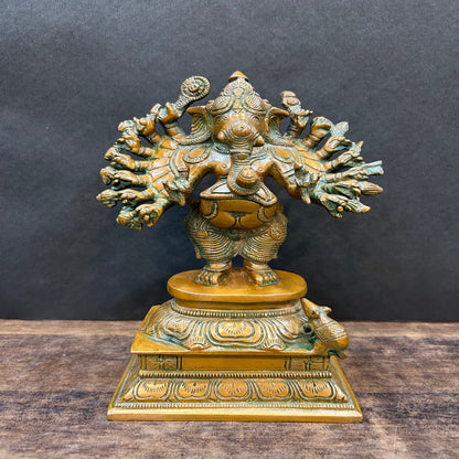 Brass Standing Ganesha Idol With 16 Arms Copper Patina Finish 9" by vendor-unknown - Hindu Gods (View 3)