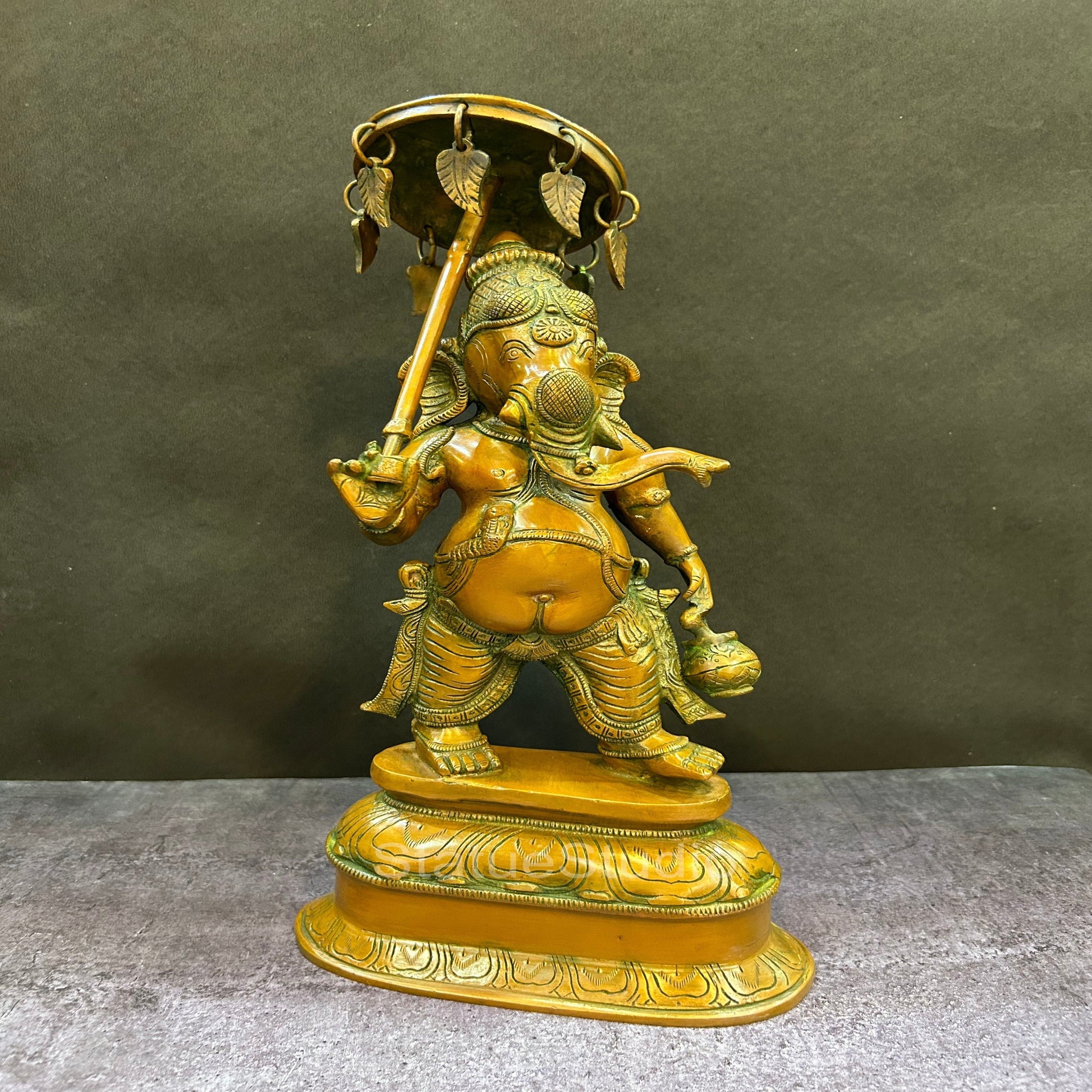 Brass Standing Ganesha Statue With Umbrella Copper Patina Finish For Home Decor 15" - Image 2