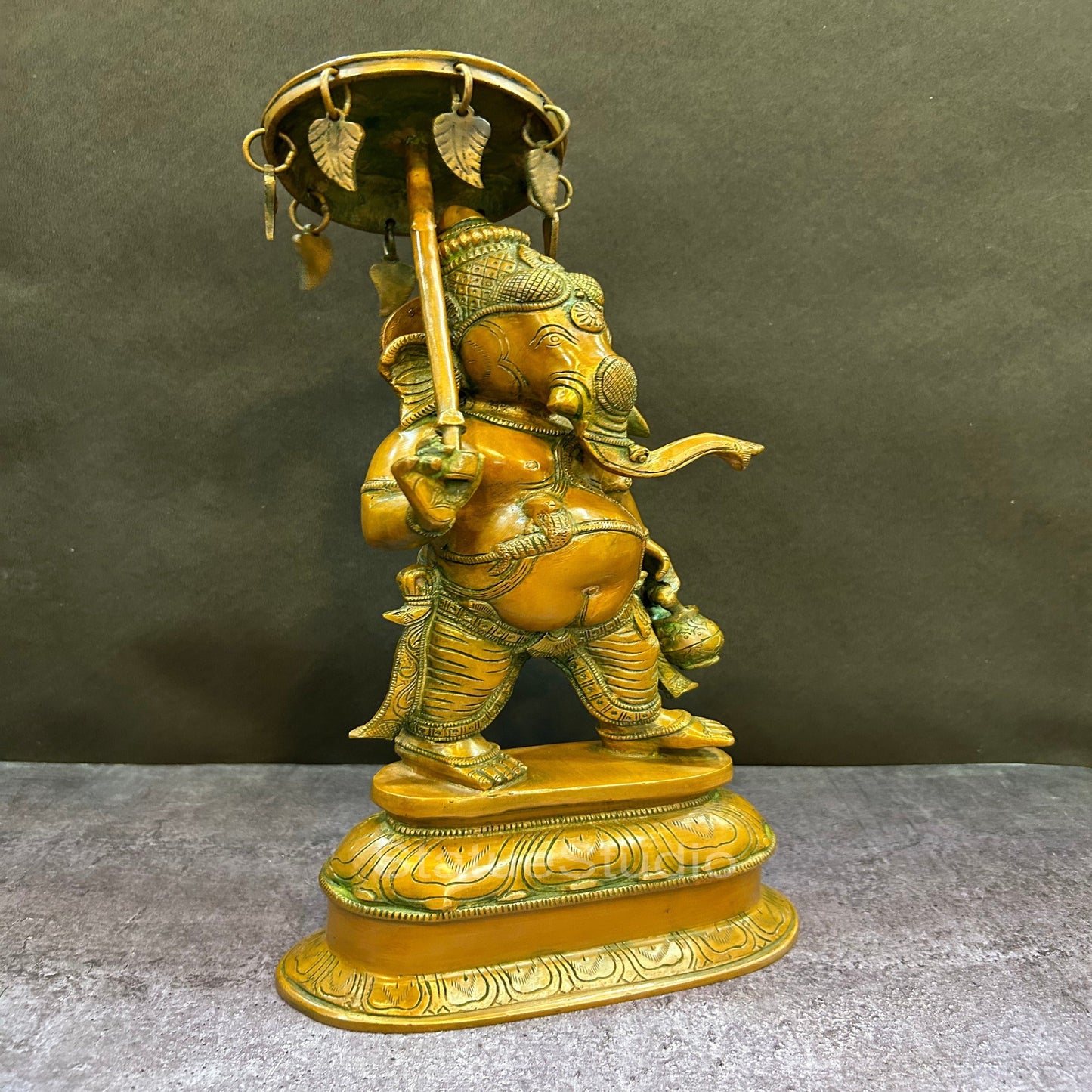 Brass Standing Ganesha Statue With Umbrella Copper Patina Finish For Home Decor 15"