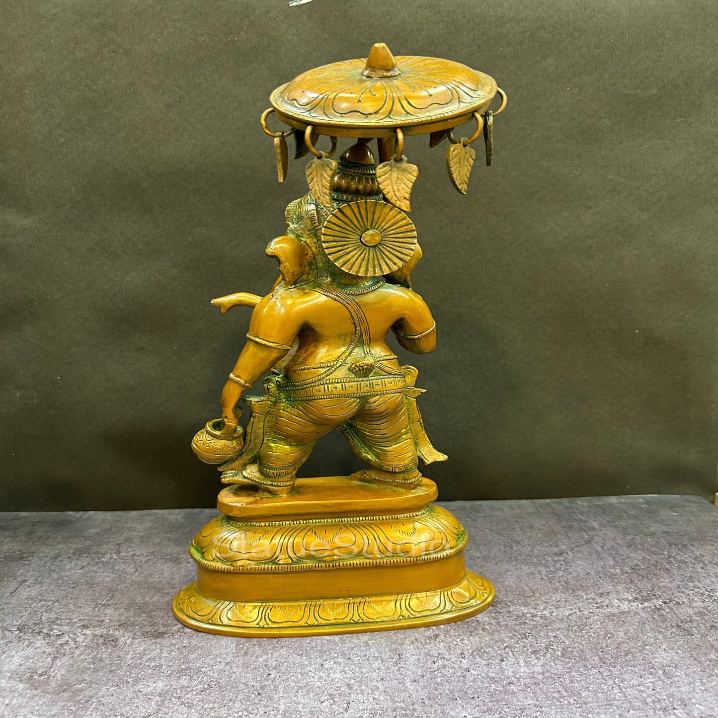Brass Standing Ganesha Statue With Umbrella Copper Patina Finish For Home Decor 15"