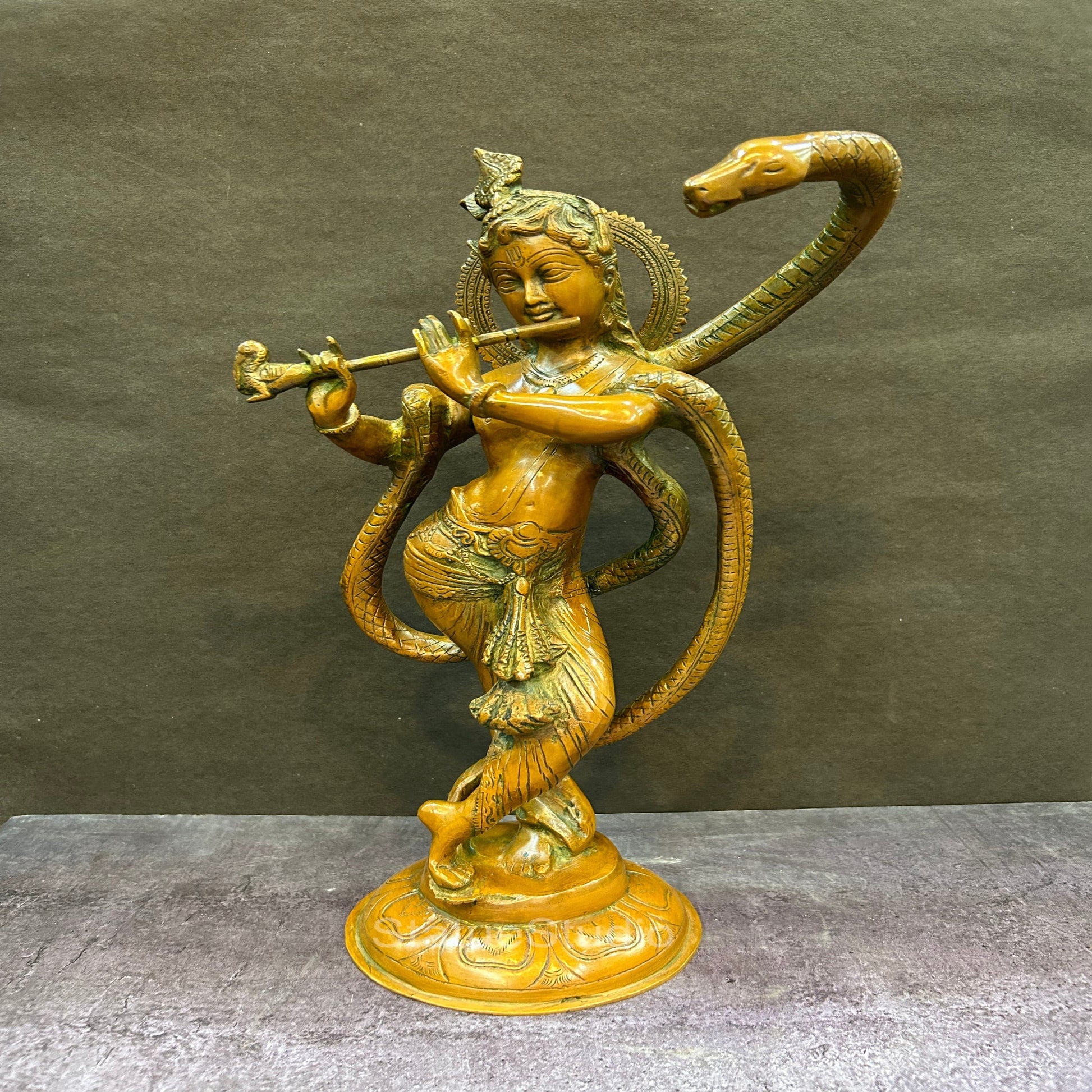Brass Krishna Idol with Kaliya Naag in Copper Patina Finish 15" by StatueStudio - Image 3