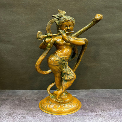 Brass Krishna Idol with Kaliya Naag in Copper Patina Finish 15" by StatueStudio by vendor-unknown - Hindu Gods (View 4)