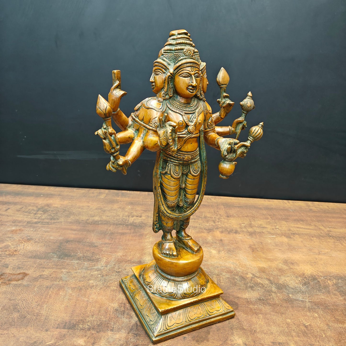 Brass Lord Brahma Statue Creator Of Universe Copper Patina Finish 15 Inch