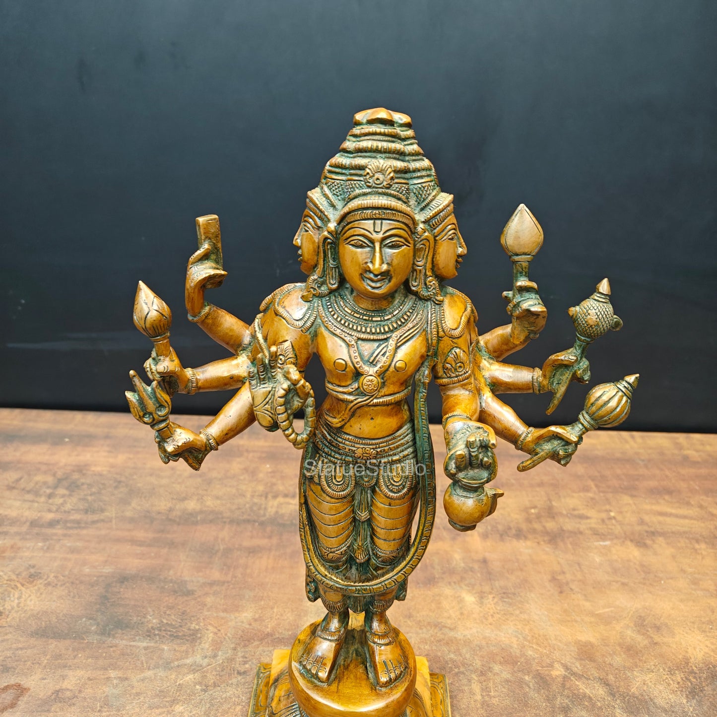 Brass Lord Brahma Statue Creator Of Universe Copper Patina Finish 15 Inch