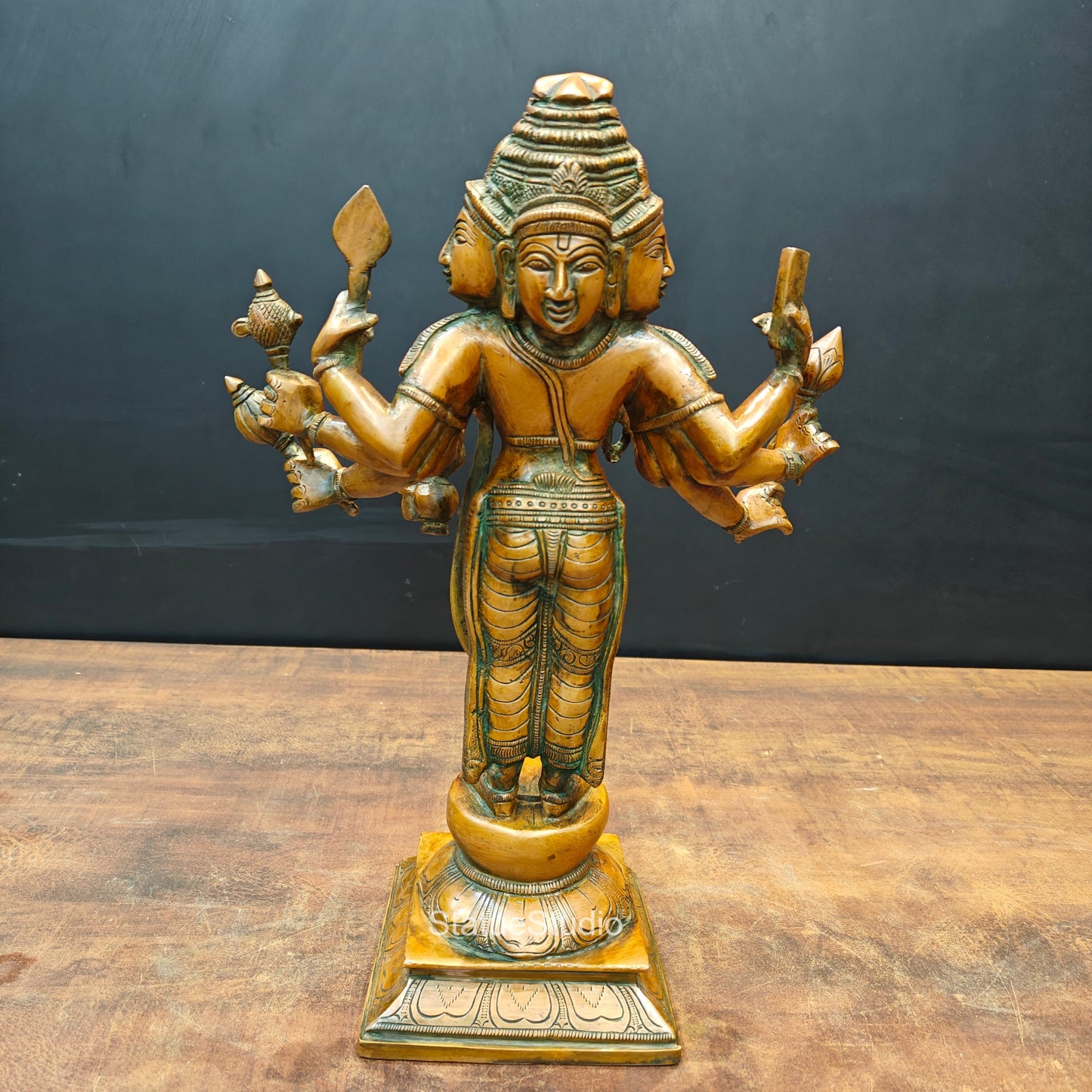 Brass Lord Brahma Statue Creator Of Universe Copper Patina Finish 15 Inch