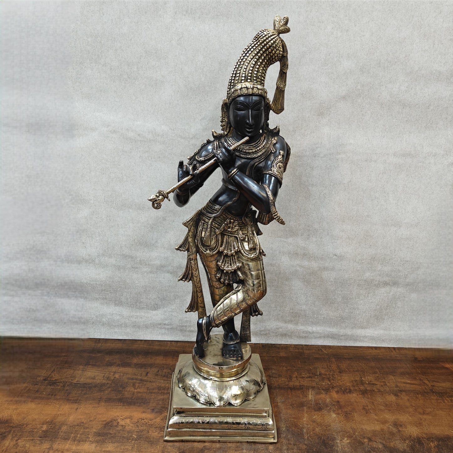 Brass Krishna Idol in Antique Black Finish 3 Feet by StatueStudio