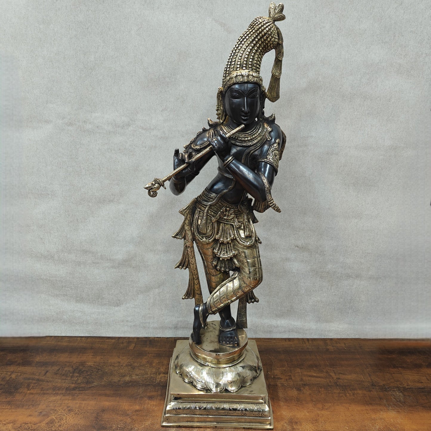 Brass Krishna Idol in Antique Black Finish 3 Feet by StatueStudio