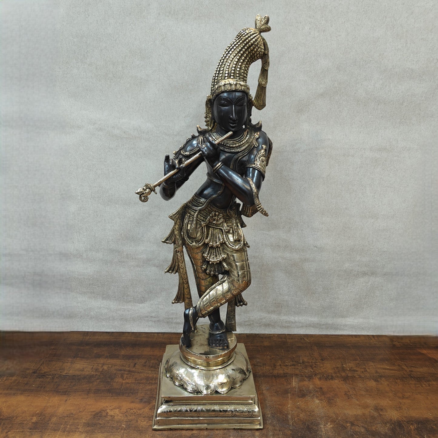 Brass Krishna Idol in Antique Black Finish 3 Feet by StatueStudio