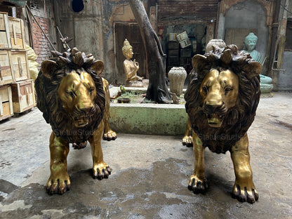 Brass Lion Pair Statue Big Life Size Figure For Home Garden Decor 4 Feet Tall by vendor-unknown - Decor