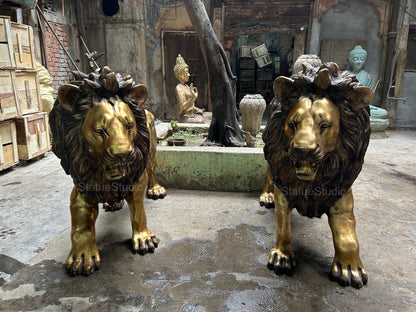 Brass Lion Pair Statue Big Life Size Figure For Home Garden Decor 4 Feet Tall by vendor-unknown - Decor (View 4)