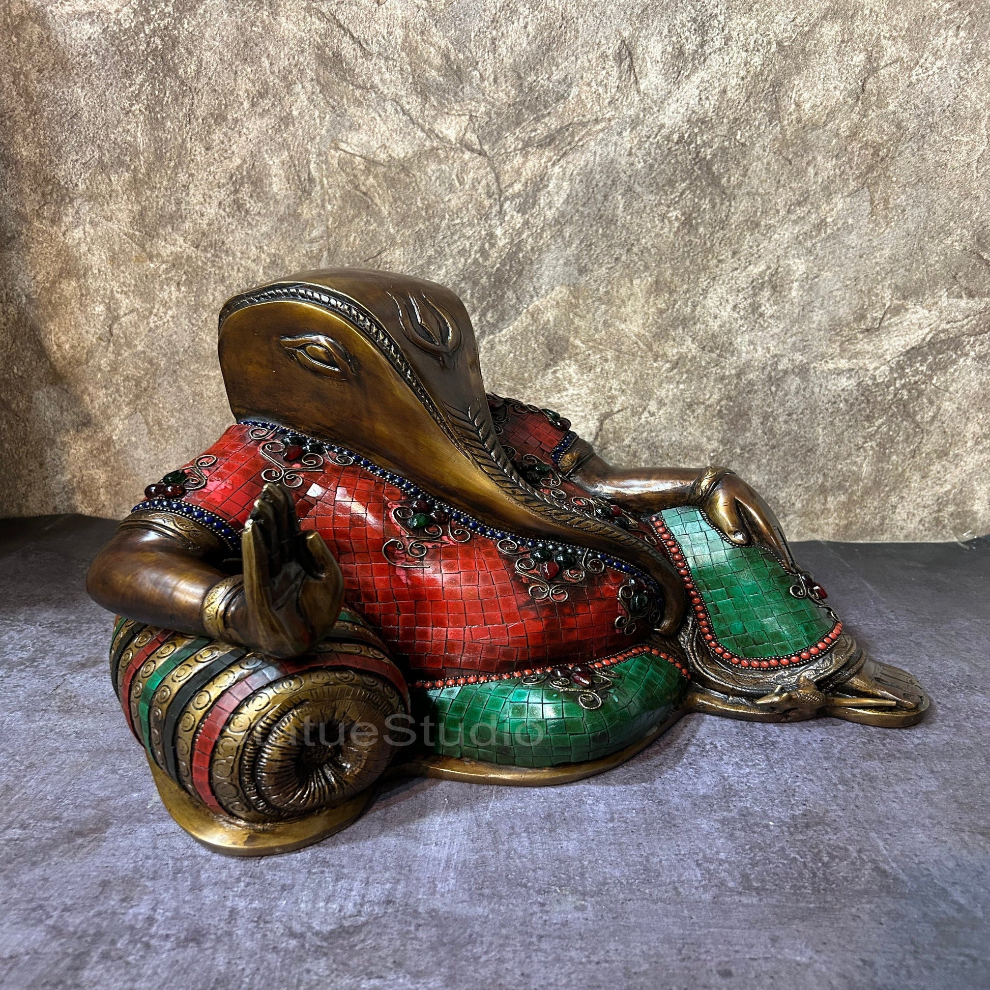 Brass Relaxing Ganesha Statue Antique Stone Work For Home Decor 11" - Image 4