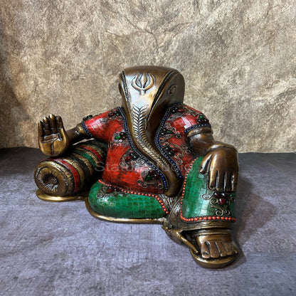 Brass Relaxing Ganesha Statue Antique Stone Work For Home Decor 11" by vendor-unknown - Hindu Gods (View 5)