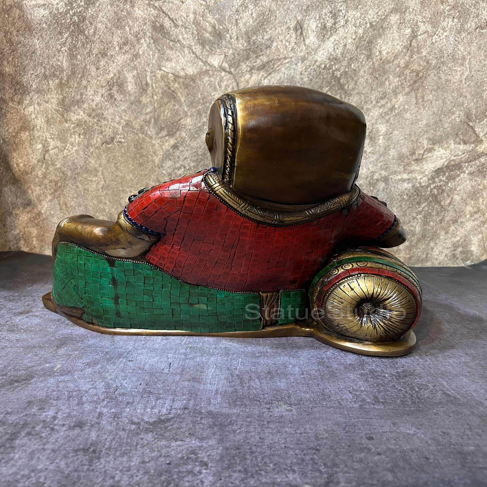 Brass Relaxing Ganesha Statue Antique Stone Work For Home Decor 11" - Image 6