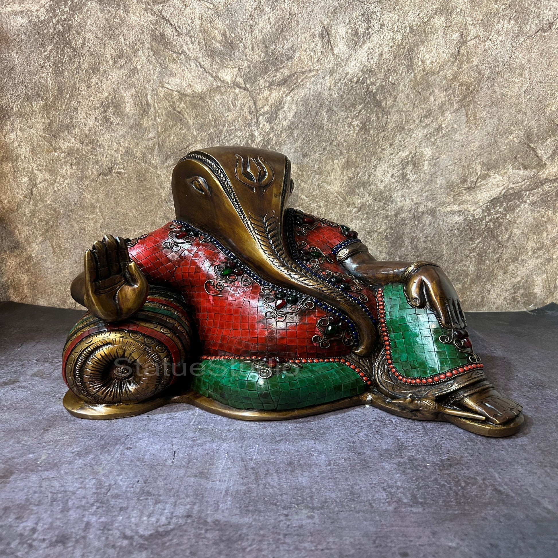Brass Relaxing Ganesha Statue Antique Stone Work For Home Decor 11" - Image 3