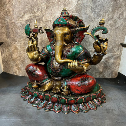 Brass Large Ganesha Idol Sitting On Lotus Base Antique Stone Work For Home Decor 2 Feet by vendor-unknown - Hindu Gods (View 4)