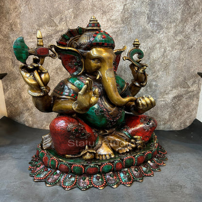 Brass Large Ganesha Idol Sitting On Lotus Base Antique Stone Work For Home Decor 2 Feet by vendor-unknown - Hindu Gods (View 5)