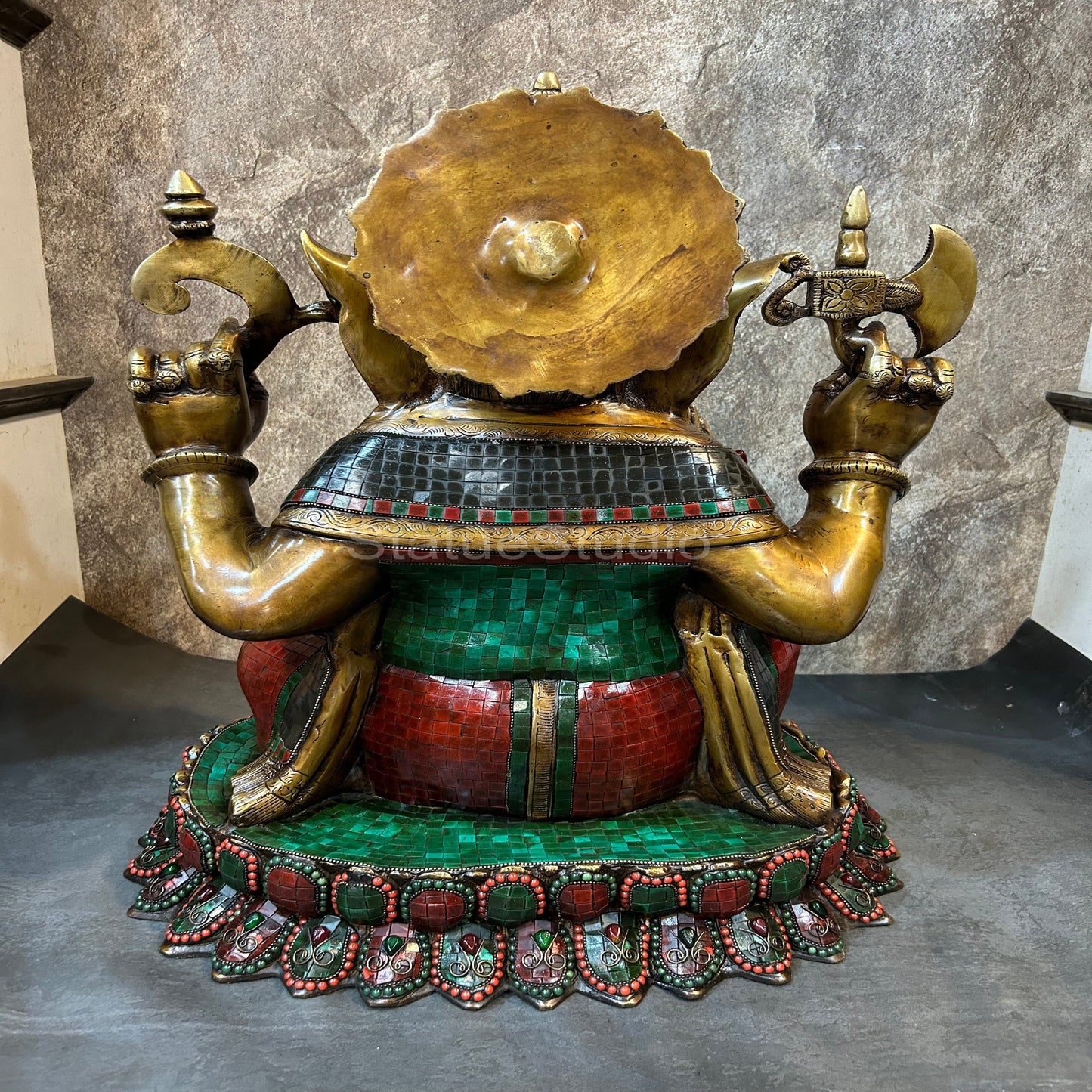 Brass Large Ganesha Idol Sitting On Lotus Base Antique Stone Work For Home Decor 2 Feet