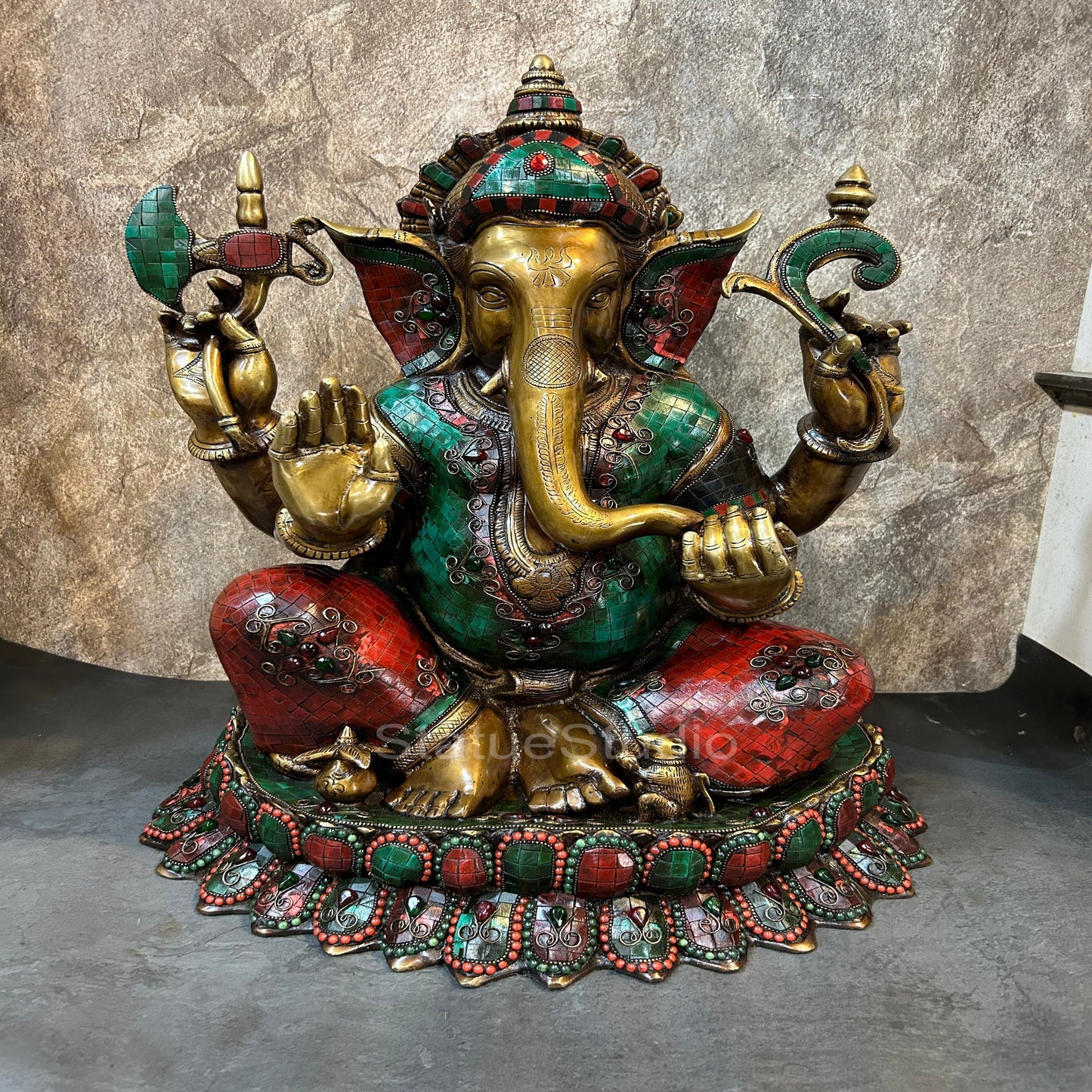 Brass Large Ganesha Idol Sitting On Lotus Base Antique Stone Work For Home Decor 2 Feet