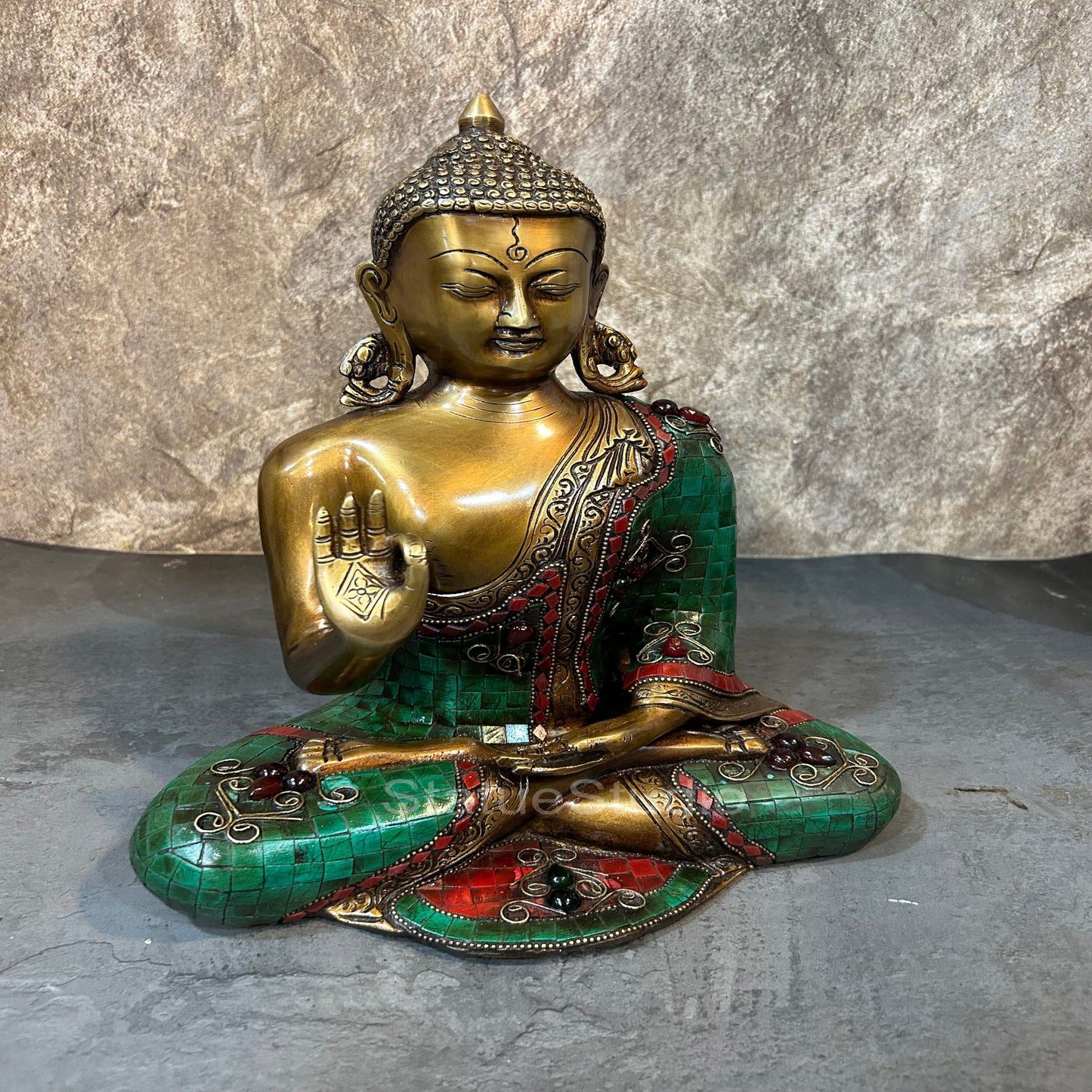 Brass Blessing Buddha Statue Antique Stone Work For Home Decor 1 Feet