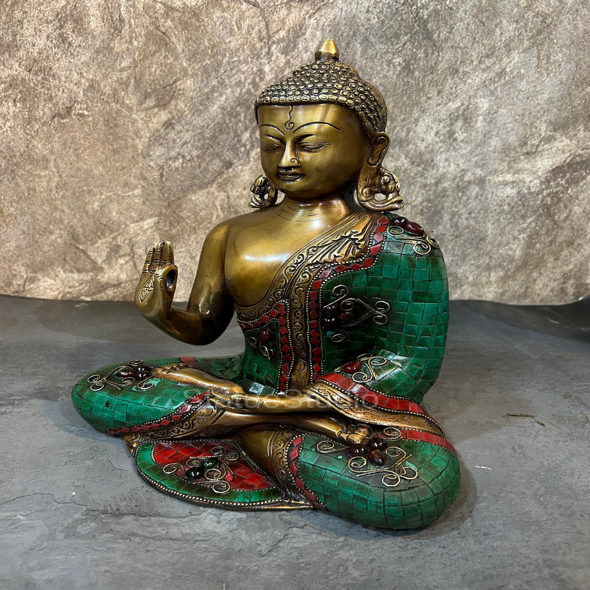 Brass Blessing Buddha Statue Antique Stone Work For Home Decor 1 Feet - Image 4