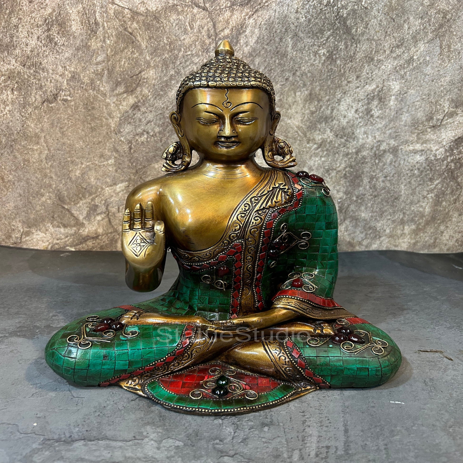 Brass Blessing Buddha Statue Antique Stone Work For Home Decor 1 Feet - Eco-friendly - Sama Homes
