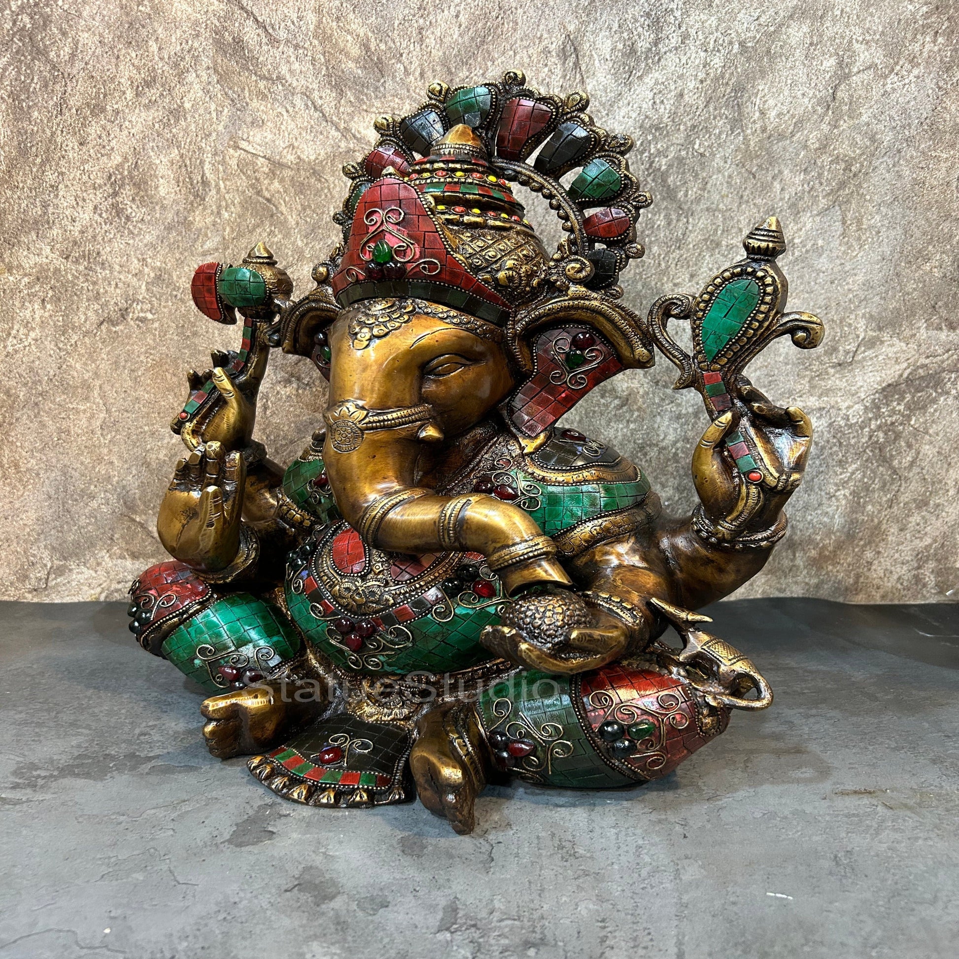 Brass Sitting Ganesha Idol Antique Stone Work For Home Decor 16" - Image 3