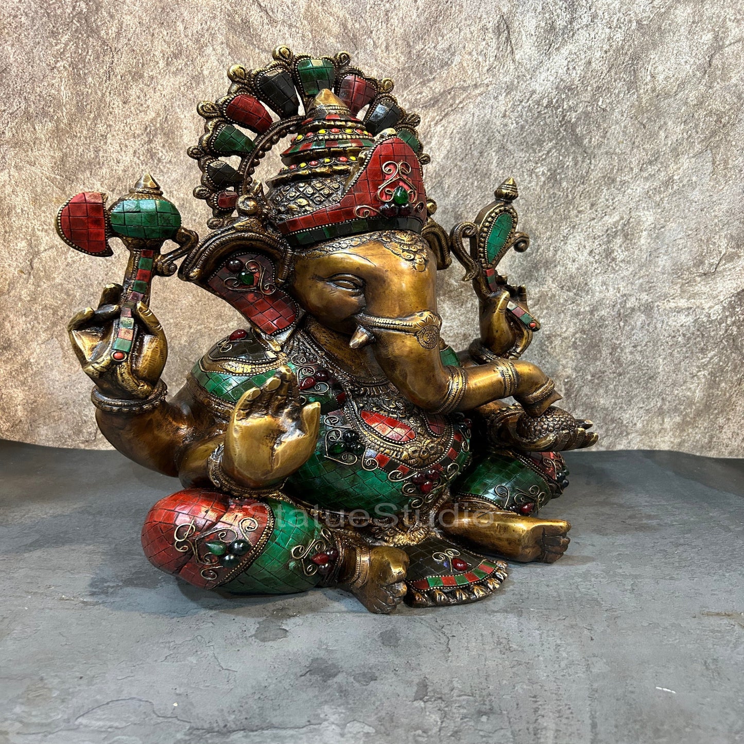 Brass Sitting Ganesha Idol Antique Stone Work For Home Decor 16"