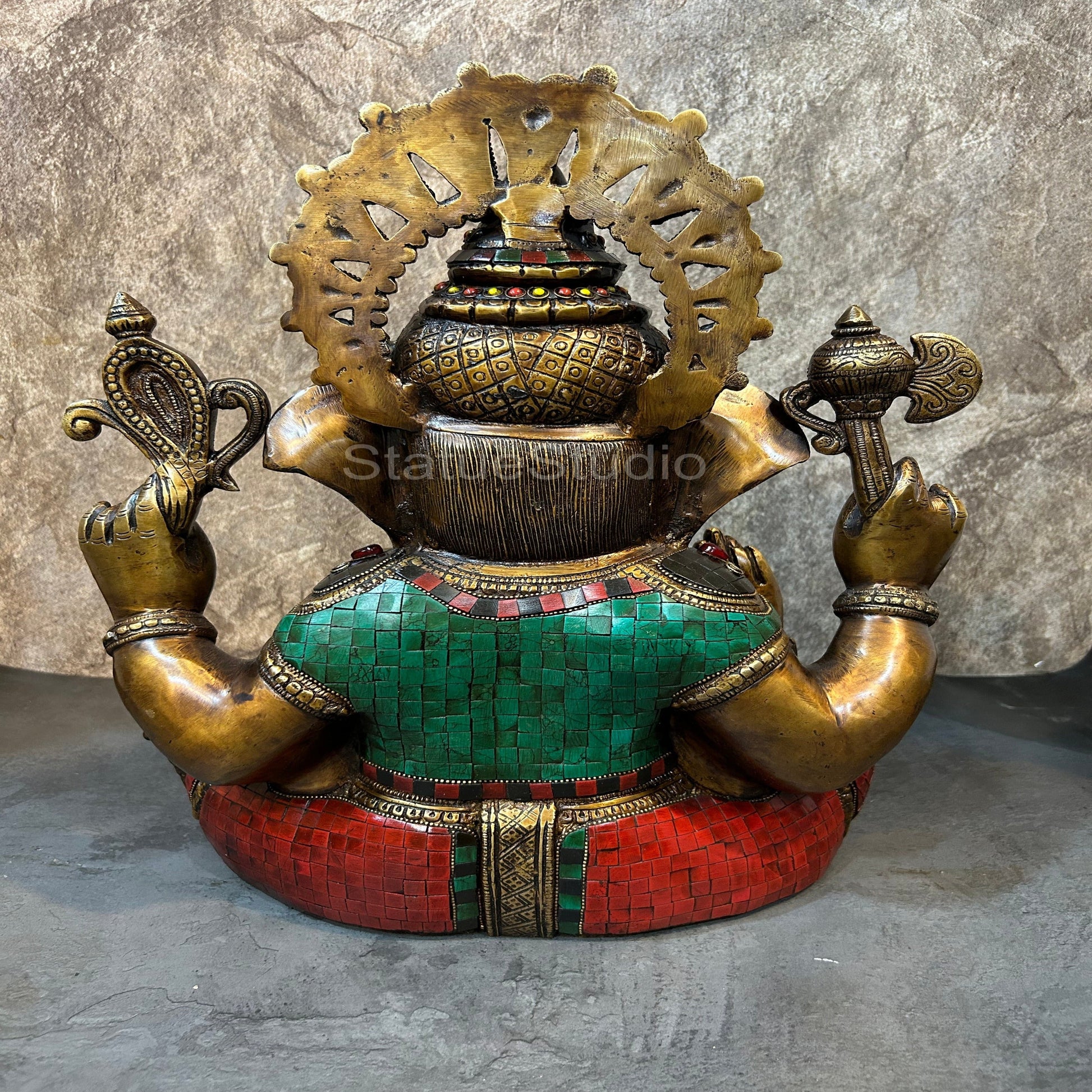 Brass Sitting Ganesha Idol Antique Stone Work For Home Decor 16" - Image 5