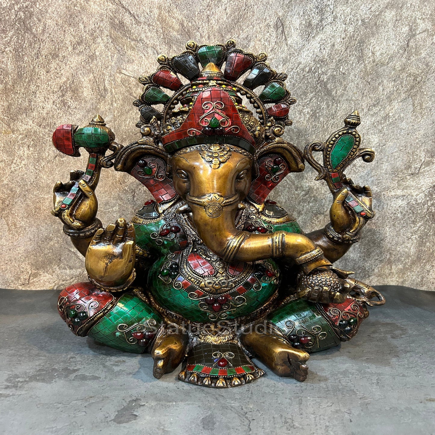 Brass Sitting Ganesha Idol Antique Stone Work For Home Decor 16"