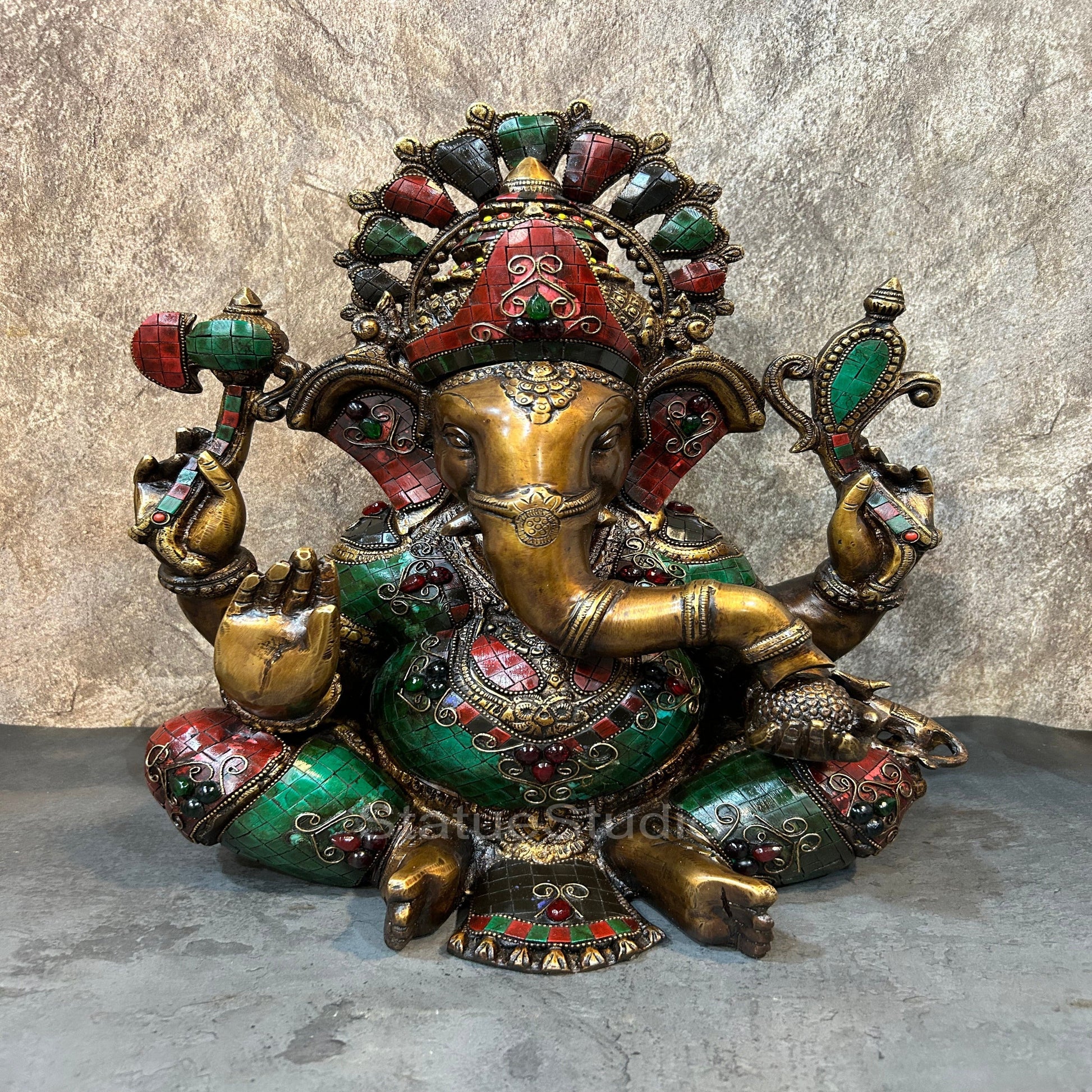 Brass Sitting Ganesha Idol Antique Stone Work For Home Decor 16" - Eco-friendly - Sama Homes
